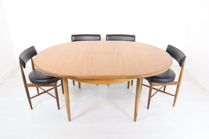 Mid Century G Plan Teak Circular Dining Table with Four Kofod Larsen Chairs Retro New Black Vinyl Original Furniture Fresco Set Immaculate - teakyfinders