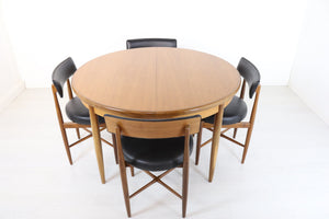 Mid Century G Plan Teak Circular Dining Table with Four Kofod Larsen Chairs Retro New Black Vinyl Original Furniture Fresco Set Immaculate - teakyfinders