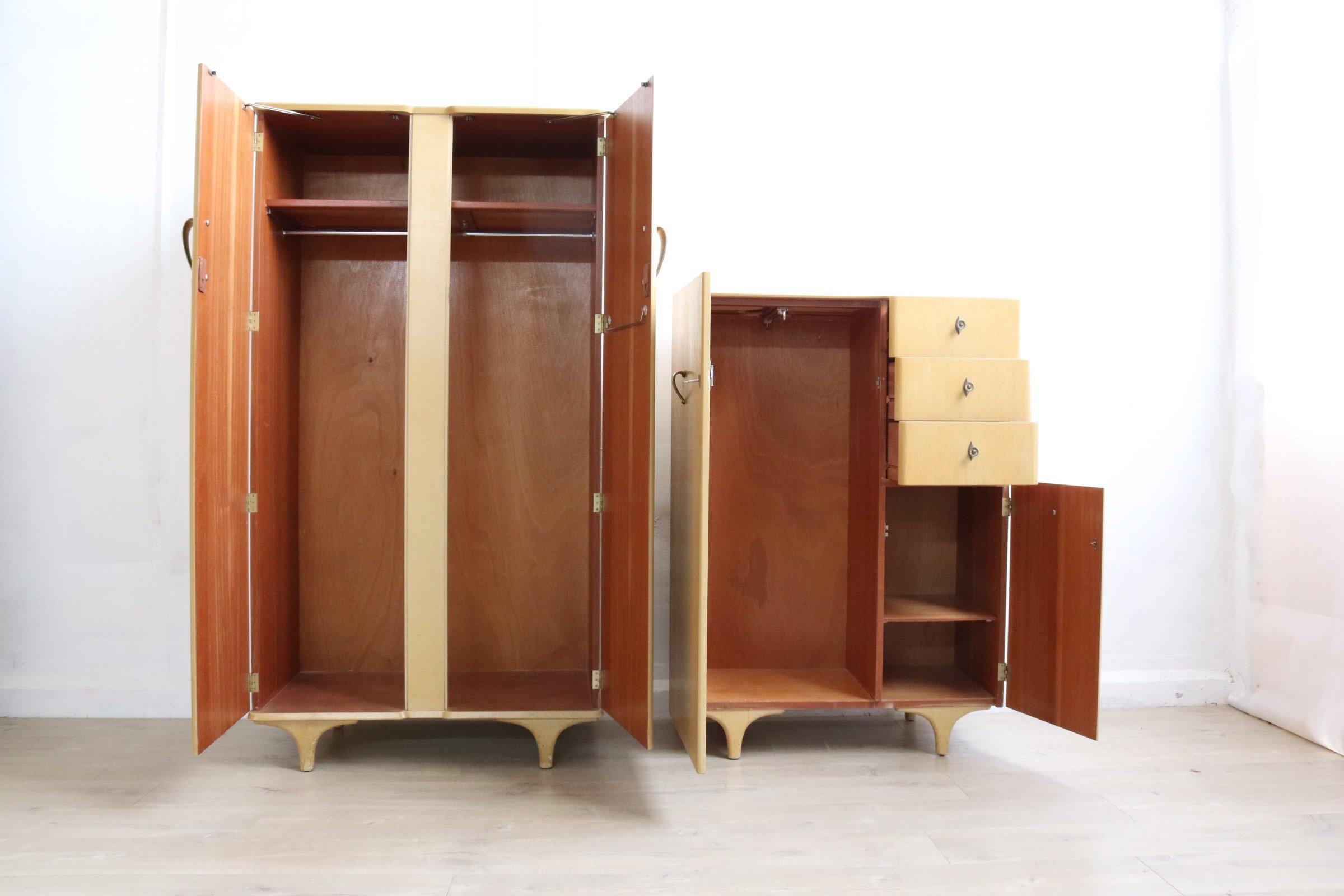 Stunning Pair of Wardrobes Tallboy in limed Oak and Embroidered Handles - teakyfinders