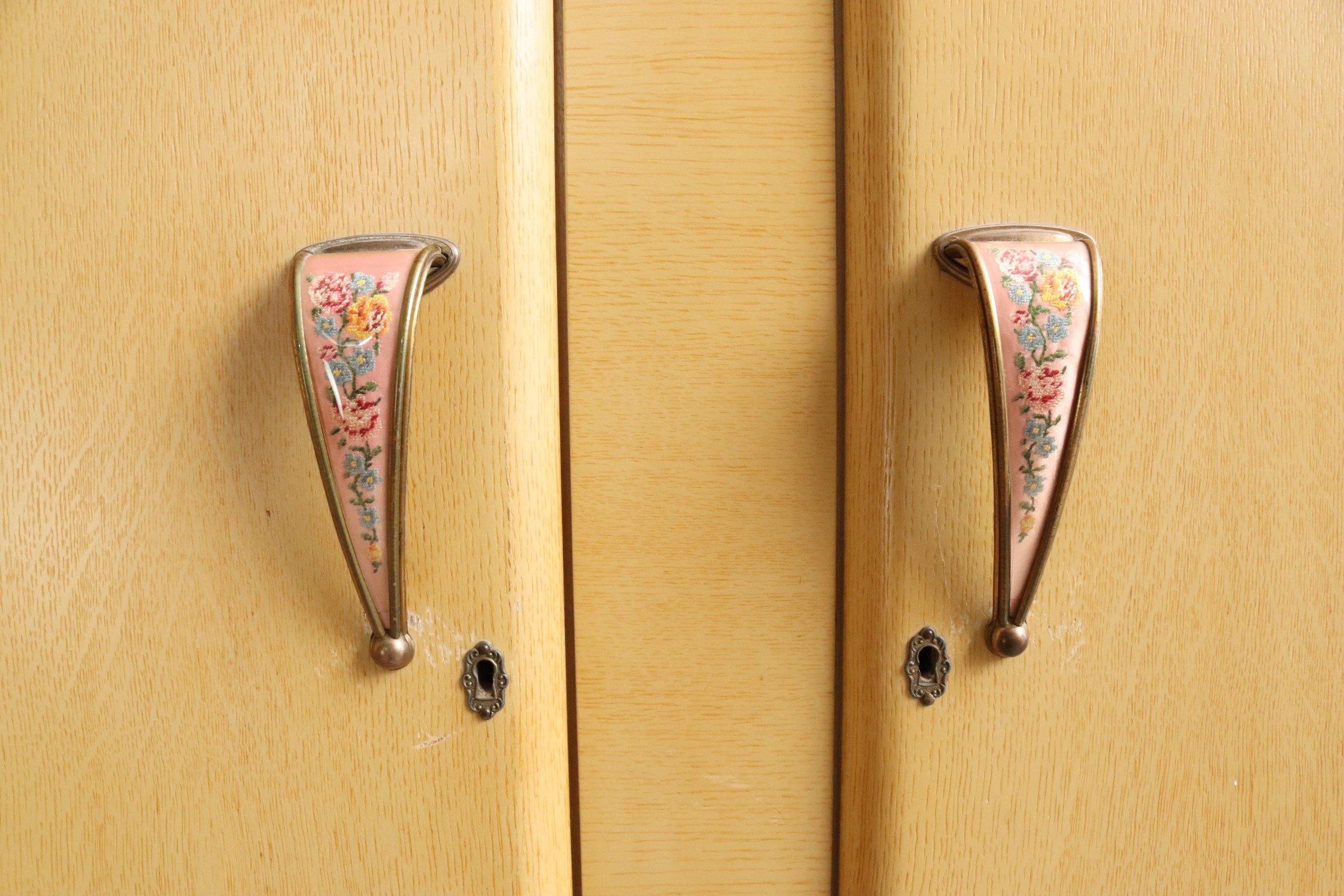 Stunning Pair of Wardrobes Tallboy in limed Oak and Embroidered Handles - teakyfinders