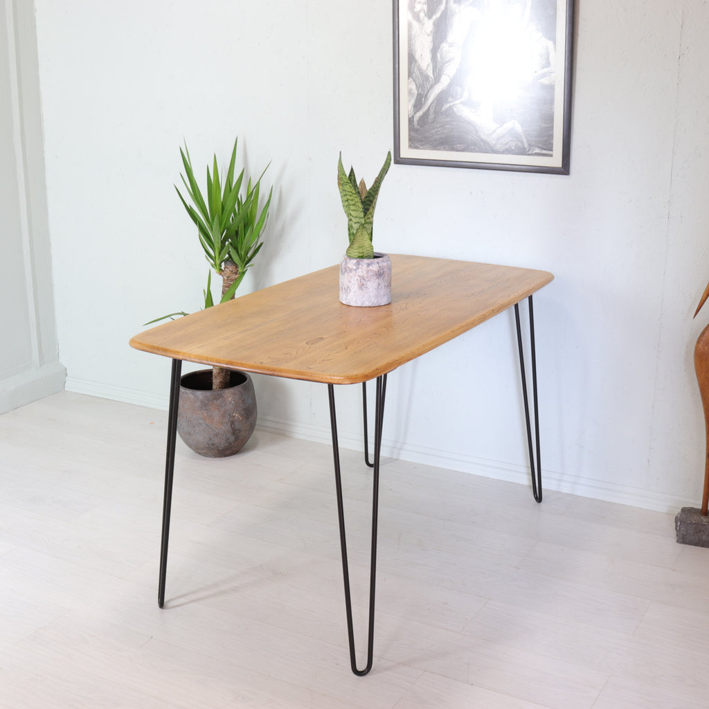 Compact Ercol Light Dining Plank Table on Hairpin Legs - teakyfinders