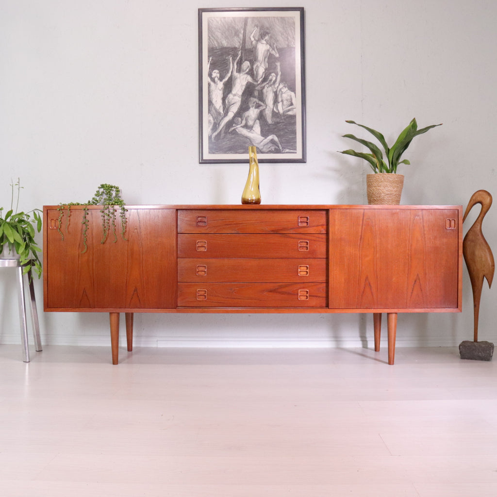 Long Danish Sejling Skabe Teak Sideboard With Sliding Doors - teakyfinders