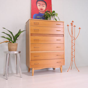 Vintage Lebus Oak Tall Boy Chest of Drawers - teakyfinders