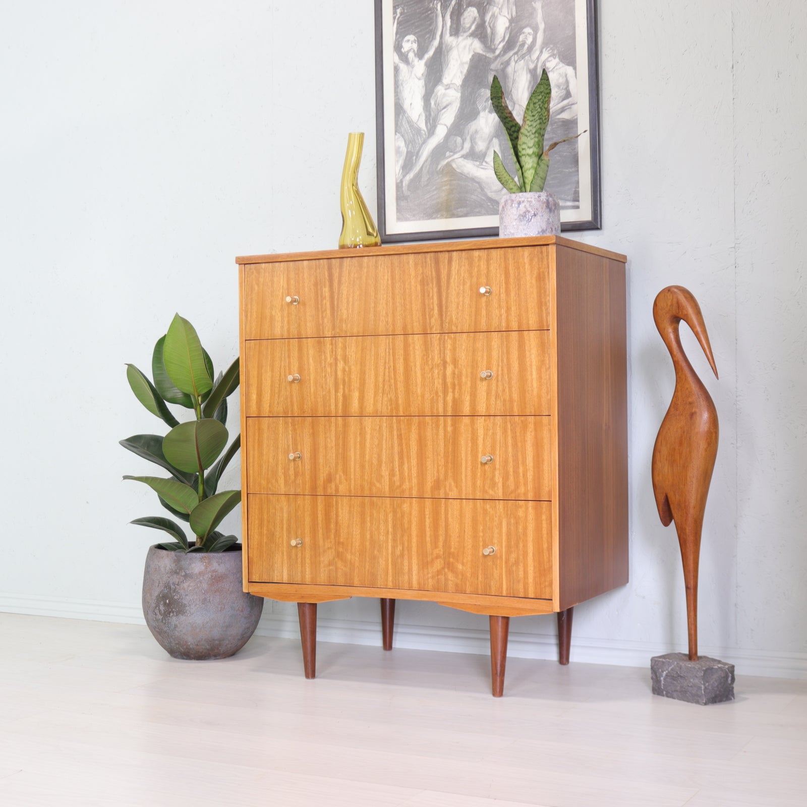 Vintage Walnut Chest of Drawers With Brass Handles - teakyfinders