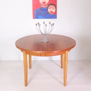 Danish Beech and Teak Round Circular Extending Dining Table - teakyfinders