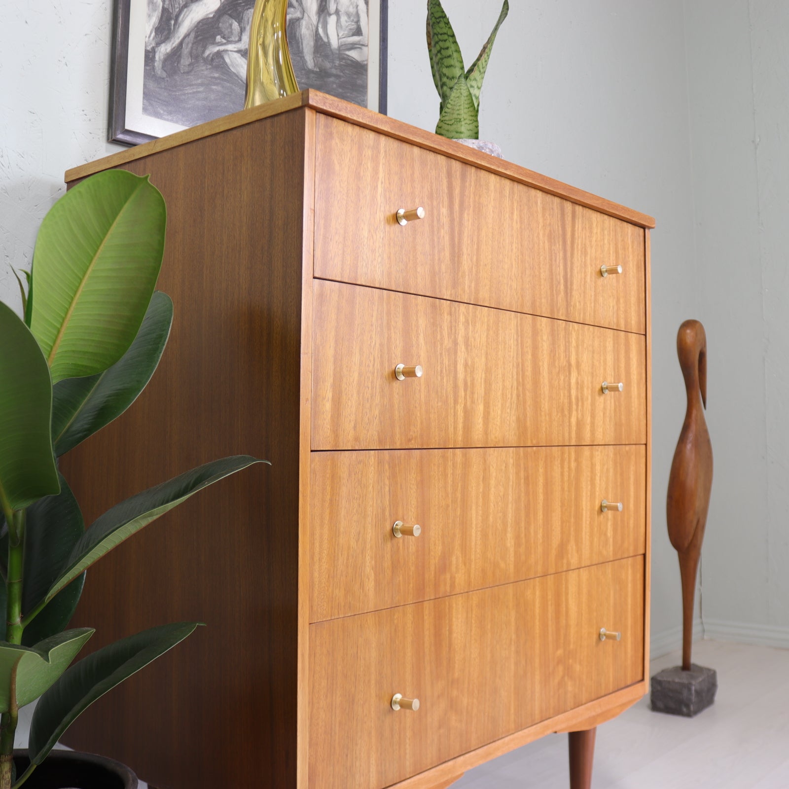 Vintage Walnut Chest of Drawers With Brass Handles - teakyfinders