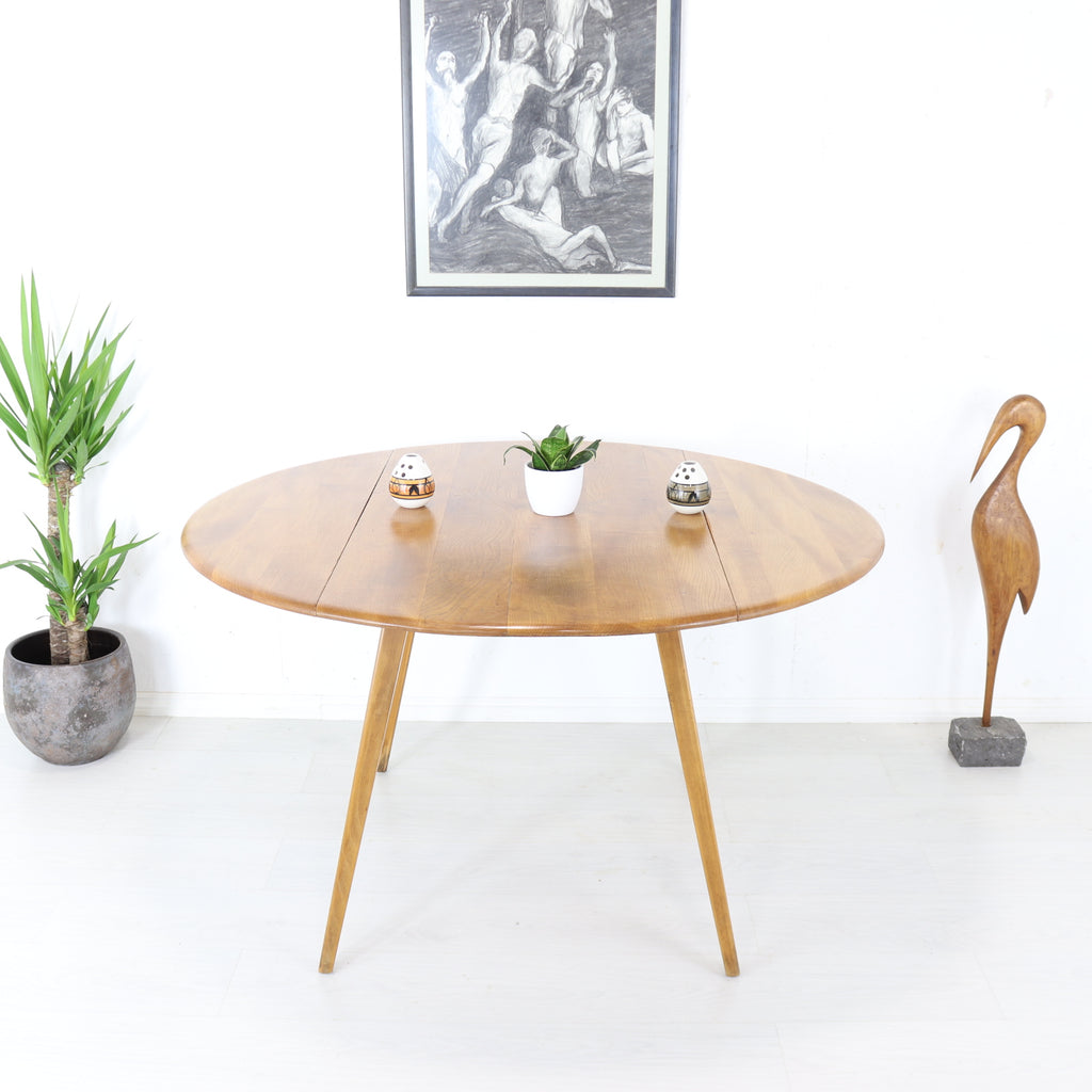 Ercol Light Finish Circular Drop Leaf Dining Table Model 383 - teakyfinders