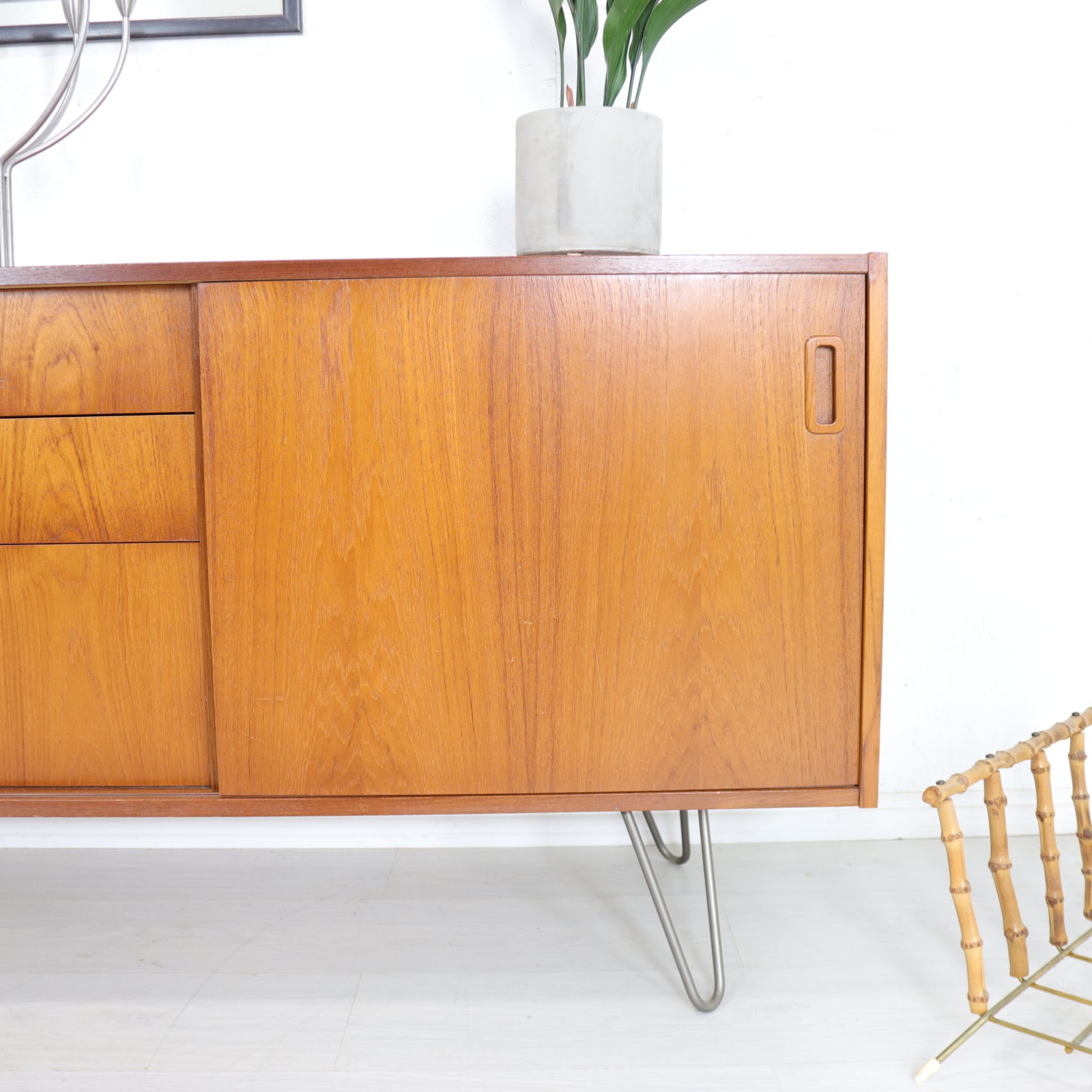 Danish Teak Sliding Door Long Sideboard on Hairpin Legs - teakyfinders