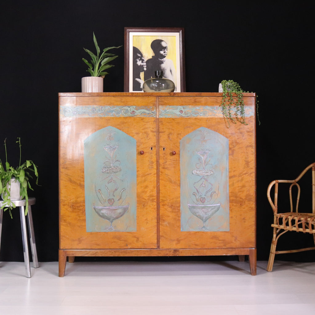 Early Mid Century Large Sideboard Cupboard in Yew and Hand Painted - teakyfinders