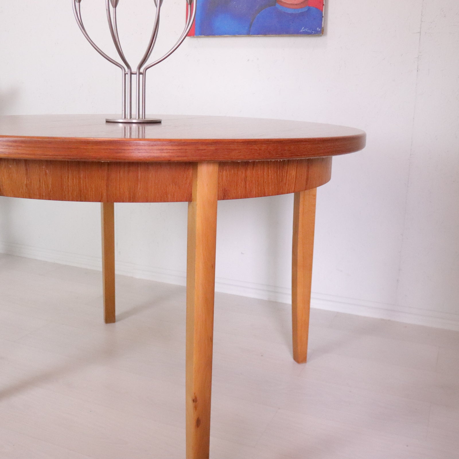 Danish Beech and Teak Round Circular Extending Dining Table - teakyfinders