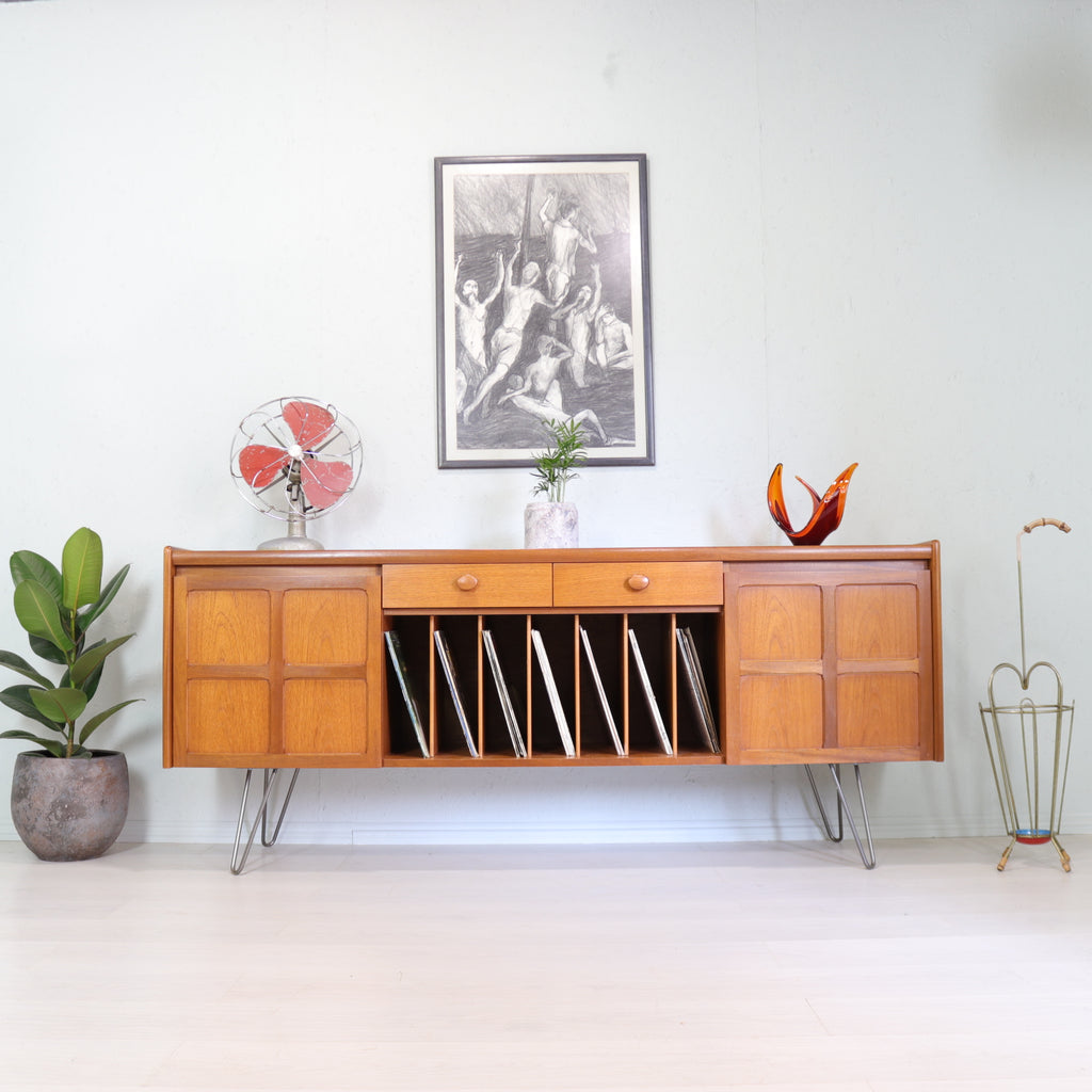 Nathan Furniture Vinyl Storage Teak Sideboard on Hairpin Legs - teakyfinders