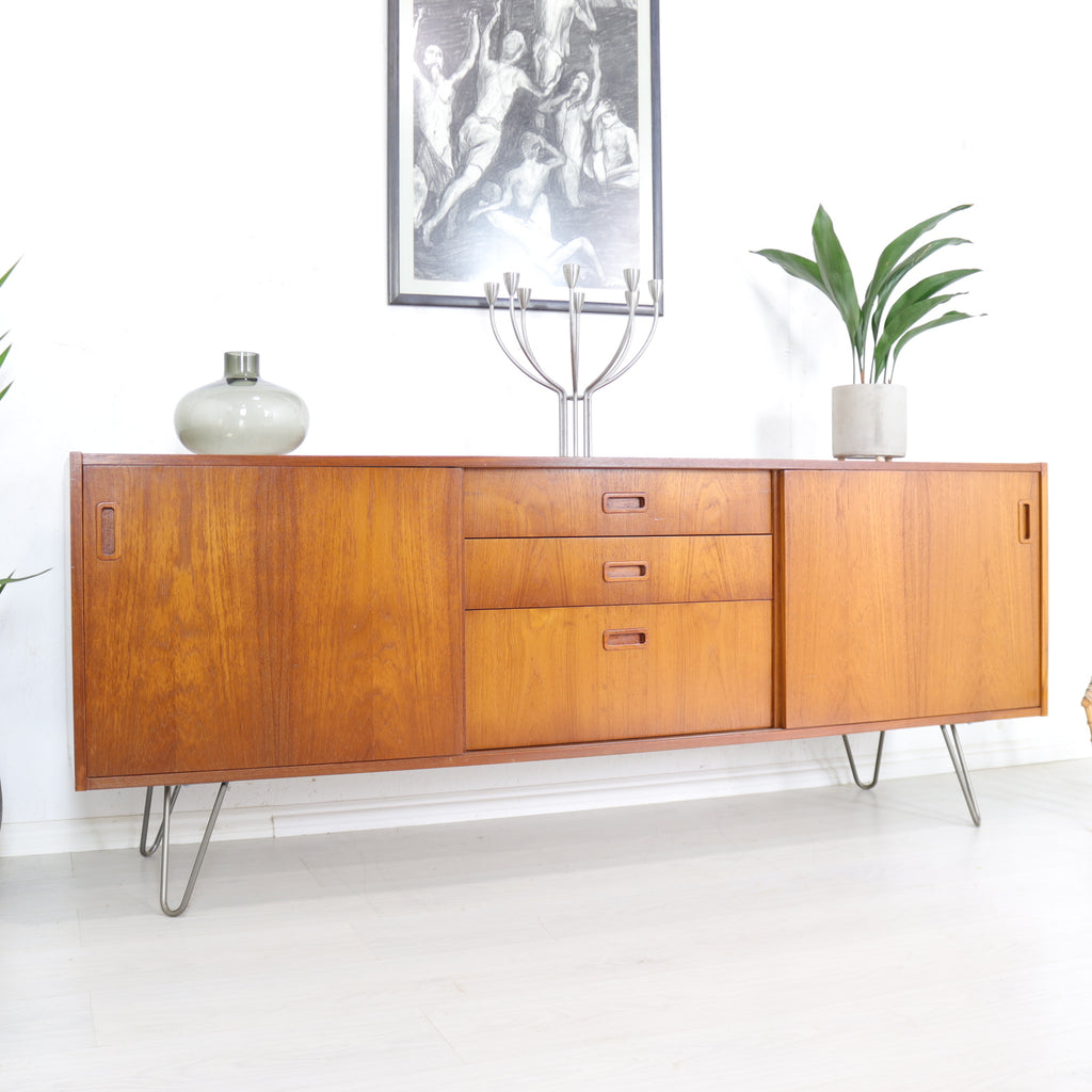 Danish Teak Sliding Door Long Sideboard on Hairpin Legs - teakyfinders