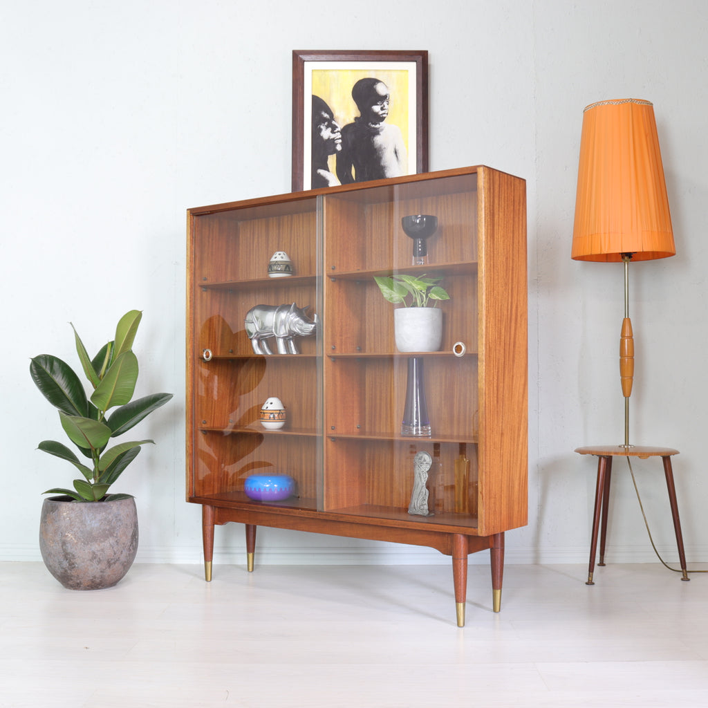 Vintage Solid Mahogany 1950s Display Cabinet with Sliding Glass Doors - teakyfinders