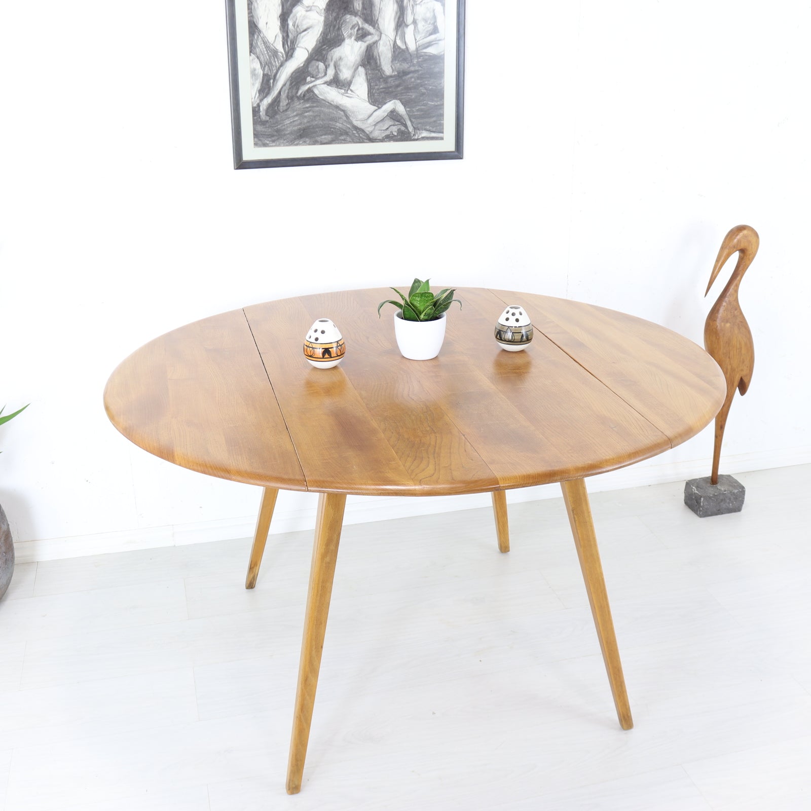 Ercol Light Finish Circular Drop Leaf Dining Table Model 383 - teakyfinders