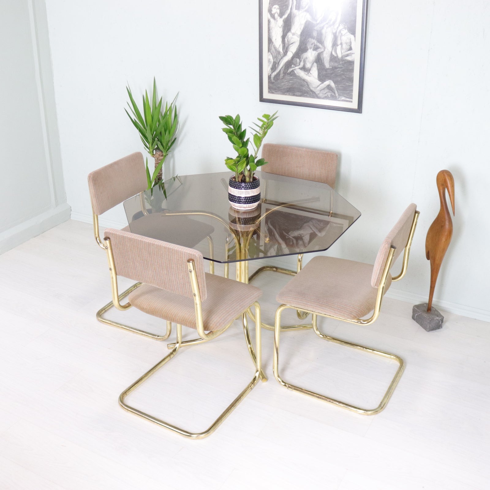 Cesca Style Dining Set, Four Dining Chairs and Smoked Glass Table - teakyfinders