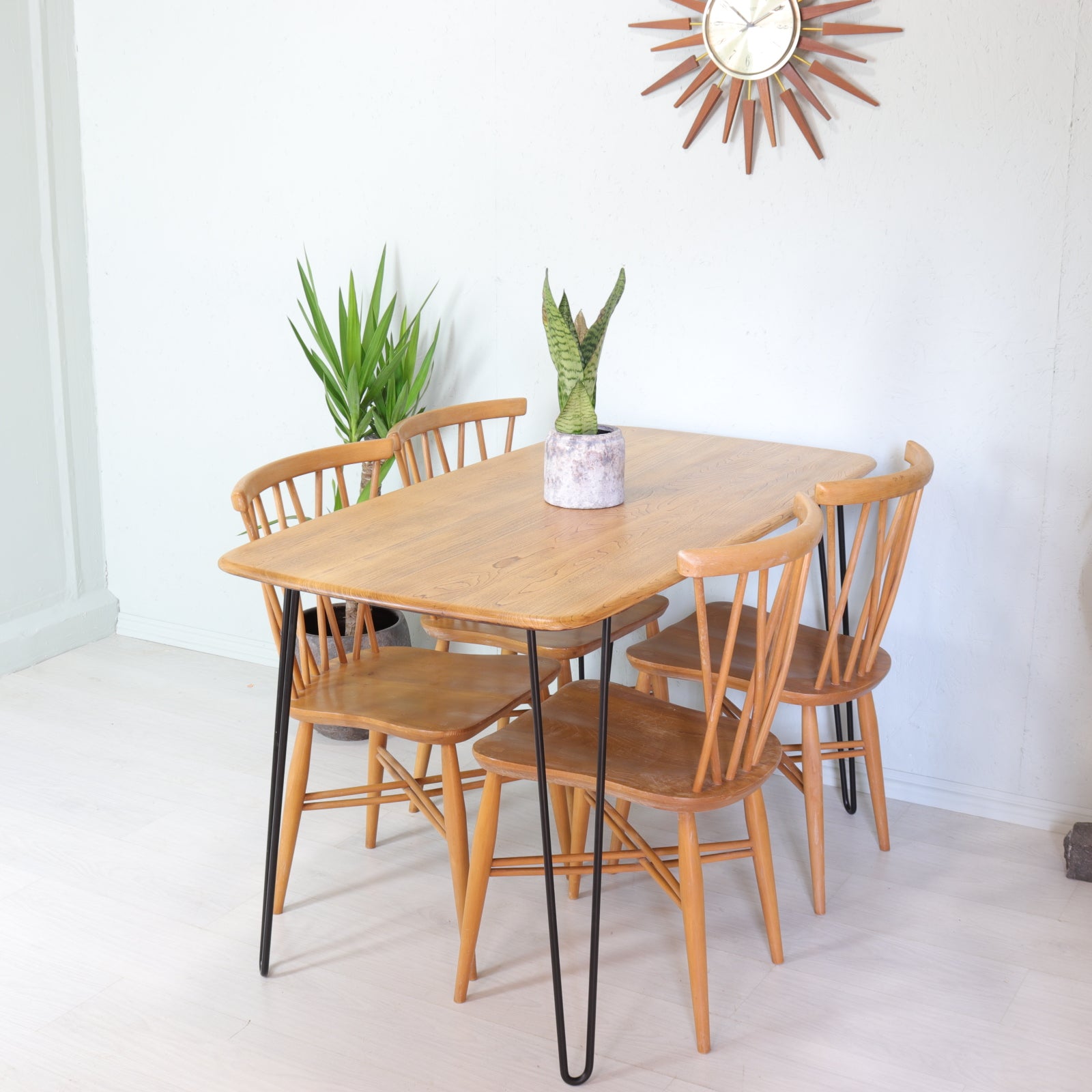 Compact Ercol Light Dining Plank Table on Hairpin Legs - teakyfinders