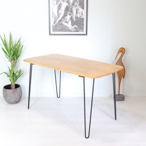 Compact Ercol Light Dining Plank Table on Hairpin Legs - teakyfinders