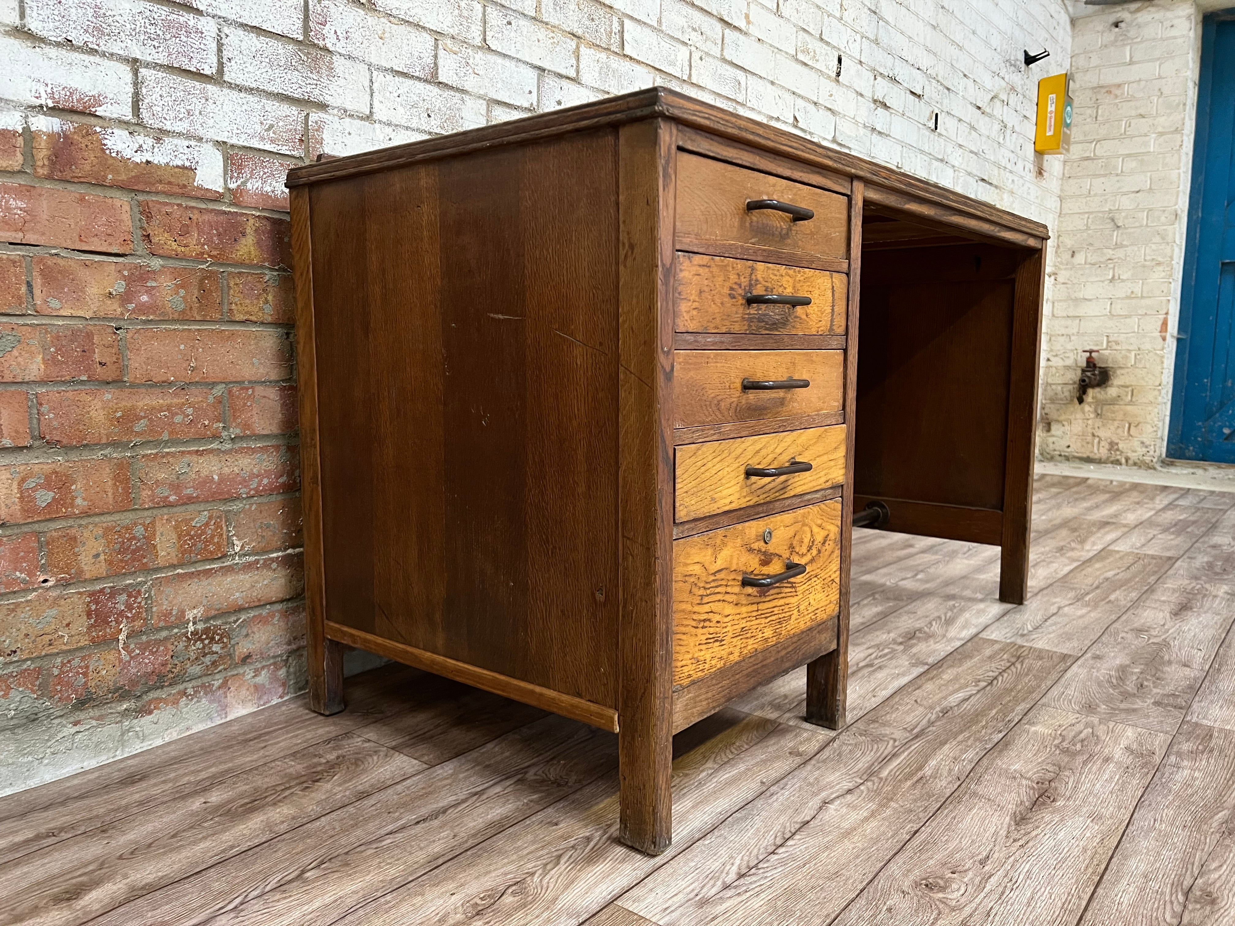 Vintage Crown Services Oak Industrial Desk RAF Staverton - teakyfinders