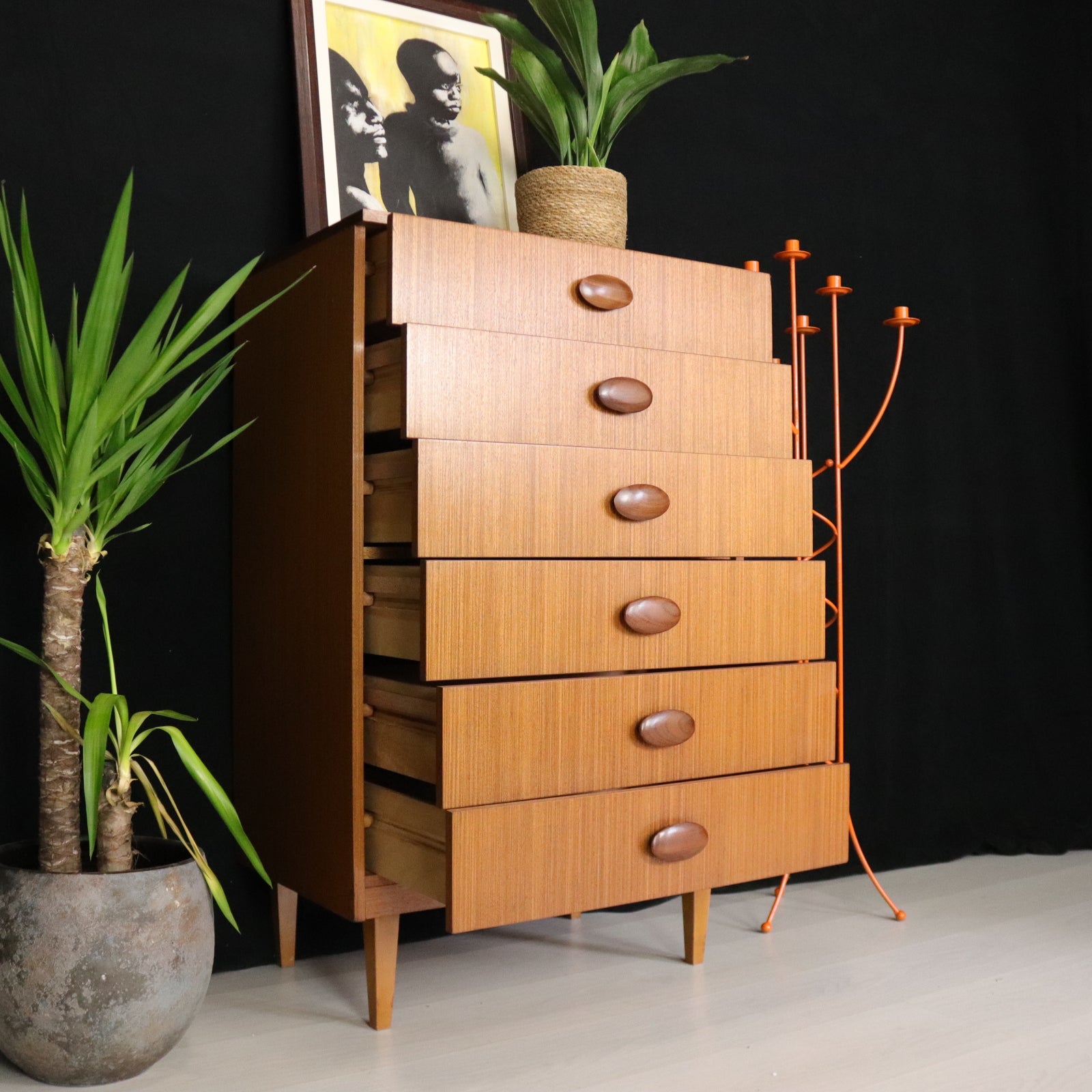 Mid Century Tall Boy Chest of Drawers in Teak - teakyfinders