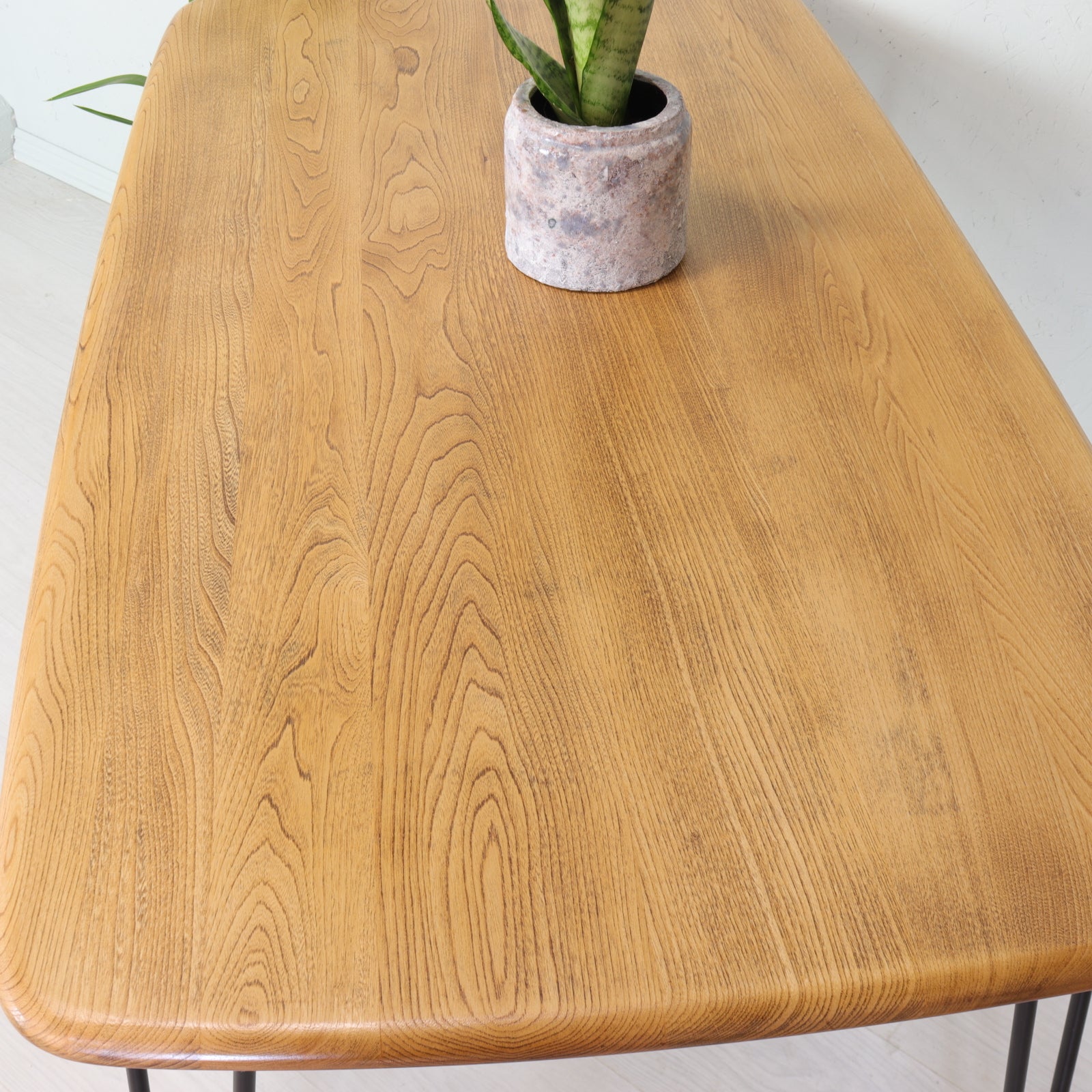 Compact Ercol Light Dining Plank Table on Hairpin Legs - teakyfinders