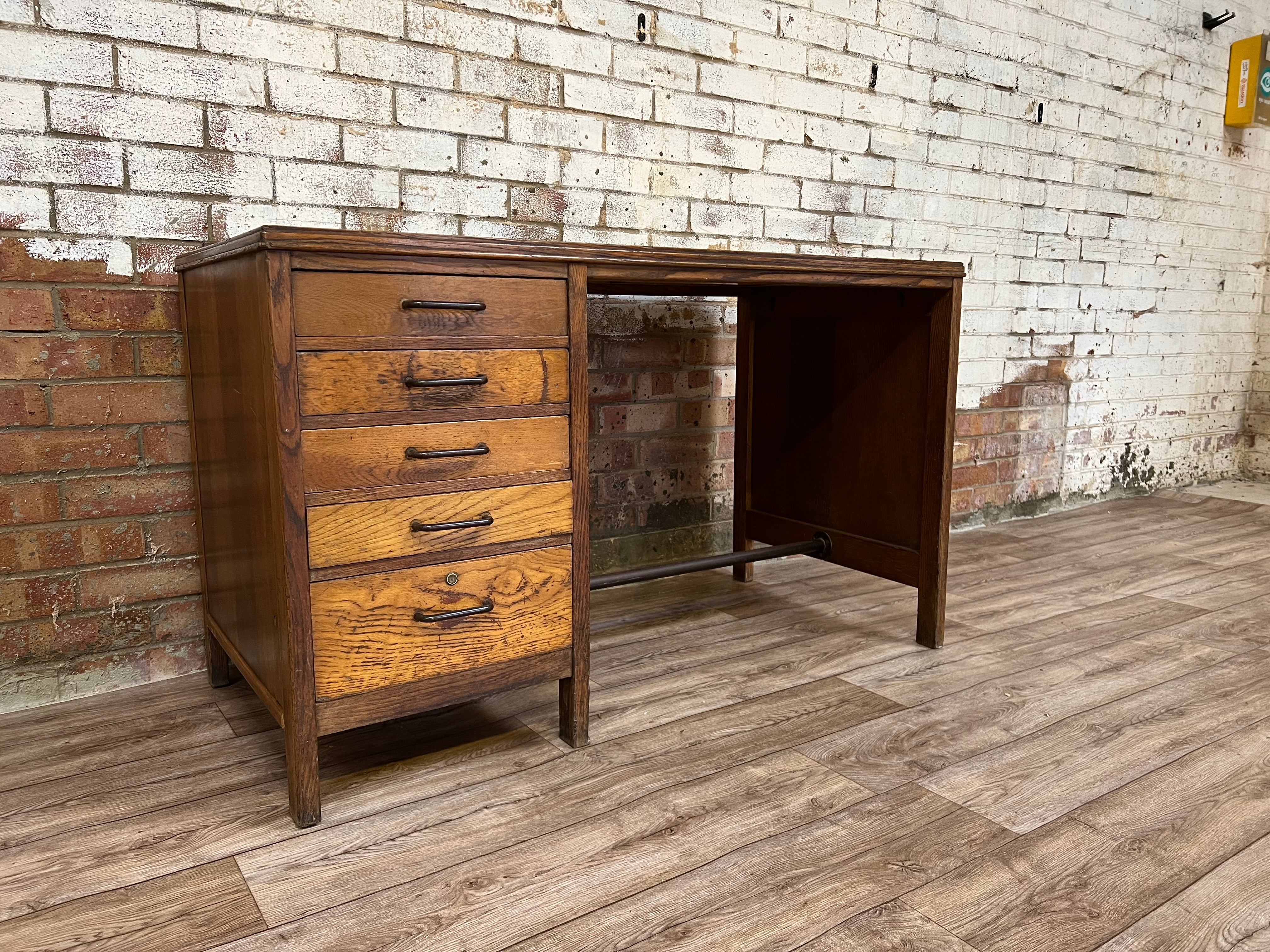 Vintage Crown Services Oak Industrial Desk RAF Staverton - teakyfinders