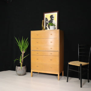 Retro Stag John and Silvia Reid Light Oak Tallboy Chest of Drawers - teakyfinders