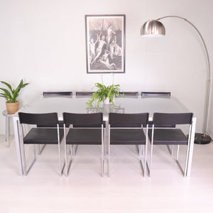 Large Swiss Metal and Glass Dining Table with Eight Chairs - teakyfinders