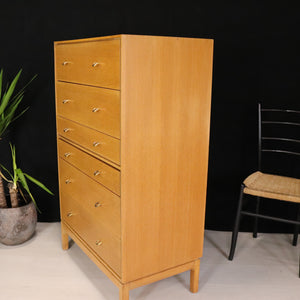 Retro Stag John and Silvia Reid Light Oak Tallboy Chest of Drawers - teakyfinders