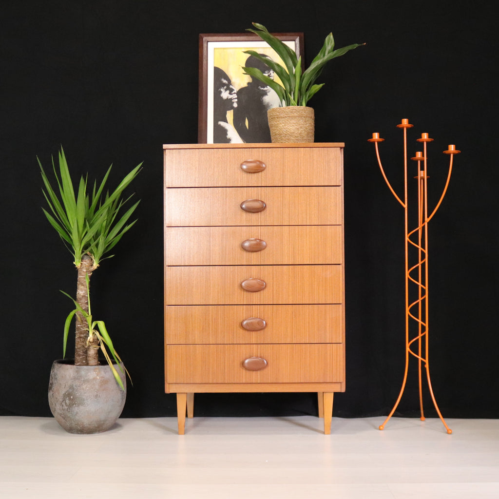 Mid Century Tall Boy Chest of Drawers in Teak - teakyfinders